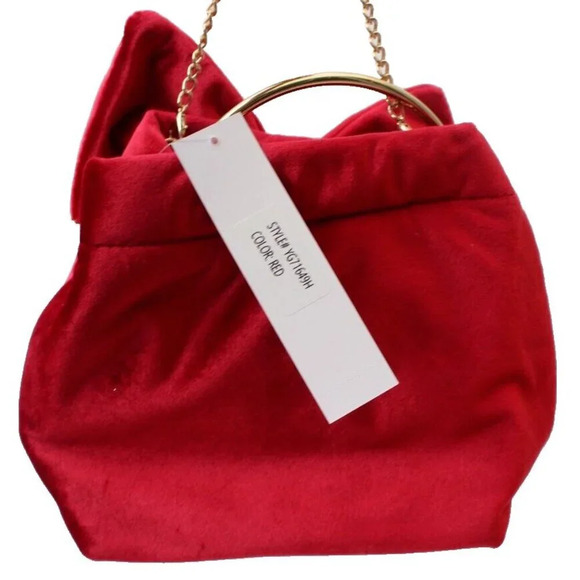 New Alessia Red Velvet Bow Detachable Cross Body Chain Hoop Handle Handbag Purse - Picture 3 of 4